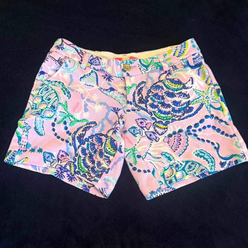 Lilly Pulitzer Callahan Shorts Pink‎ Blue Sea Turtle Print Size 2 Cotton Blend